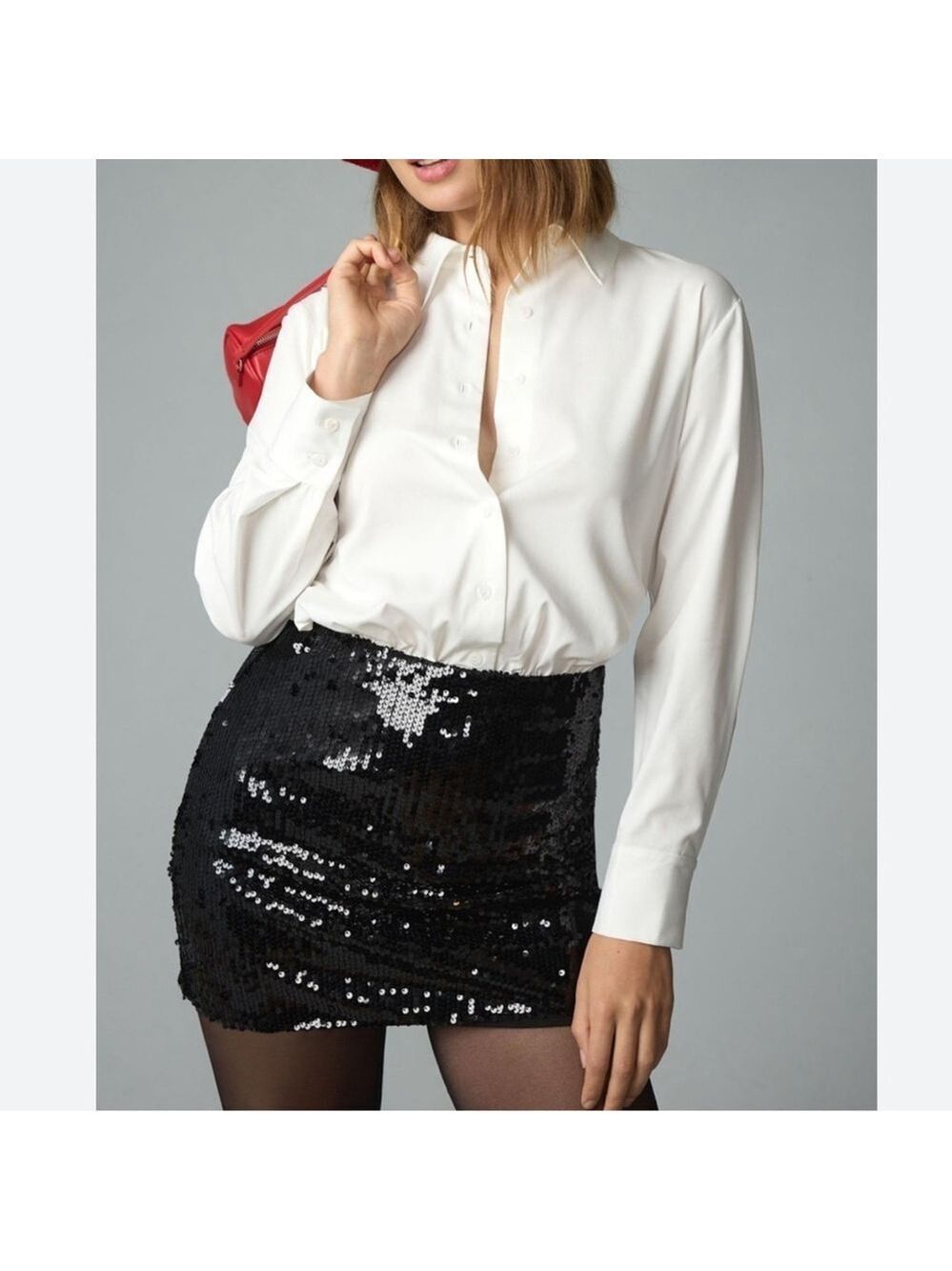 ANTHROPOLOGIE MARE MARE button down sequin twofer mini dress white black XL NEW